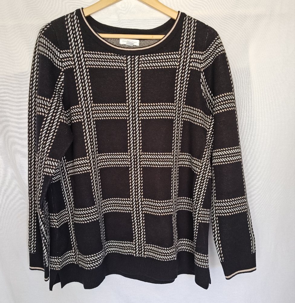 Charter Club Sweater Plaid Metallic Windowpane Black‎ White Beige 1X Crew Neck - Picture 2 of 9